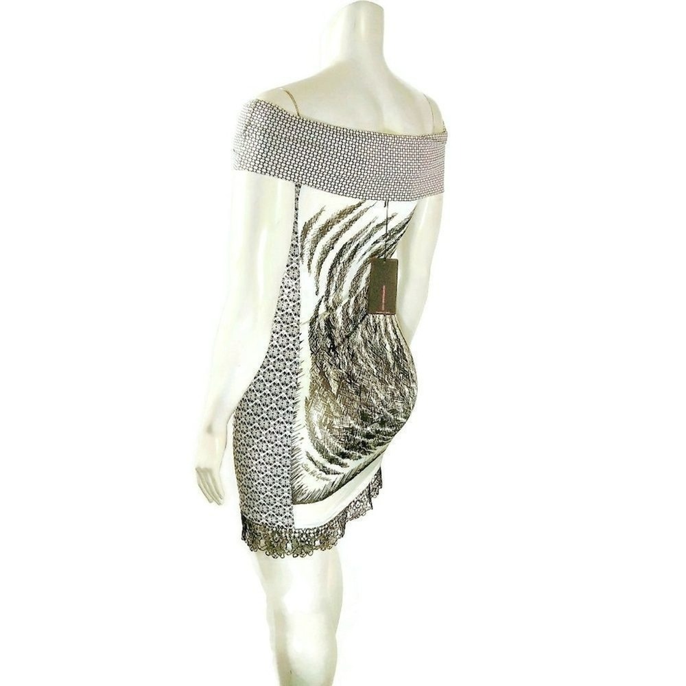SAVE THE QUEEN Women's XS Off Shoulder Feather Abstract Print Mini Dress NWT - Picture 3 of 7